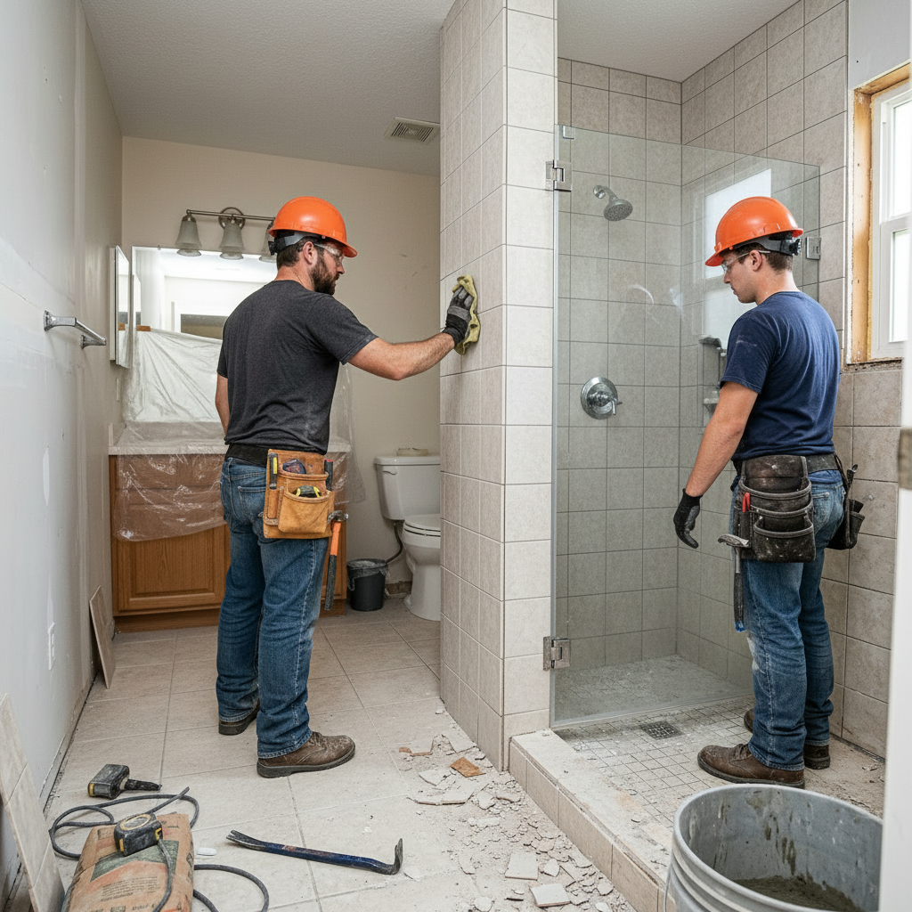 Contractors installing a new walk-in shower